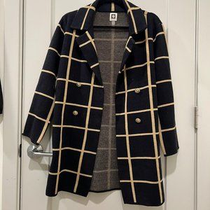 Anne Klein Windowpane Sweater Cardigan - Navy Blue and Tan - Size Small